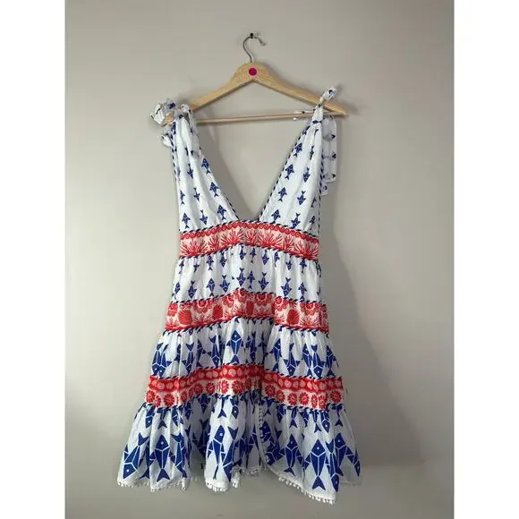 NWT Farm Rio V-neck Shoulder Tie Graphic Fishes Off White Tiered Dress Sz: Small - Picture 7 of 8